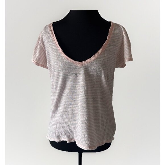 Paige Linen V-neck Tee Striped Soft Pink Women’s Small Feminine French Style - Picture 1 of 16